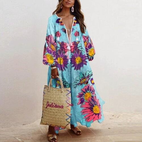 2021 Spring and Autumn New Womens Fashion Bohemian Long dress V-neck Long Sleeve Printed Fringe Big Swing Beach Long dress