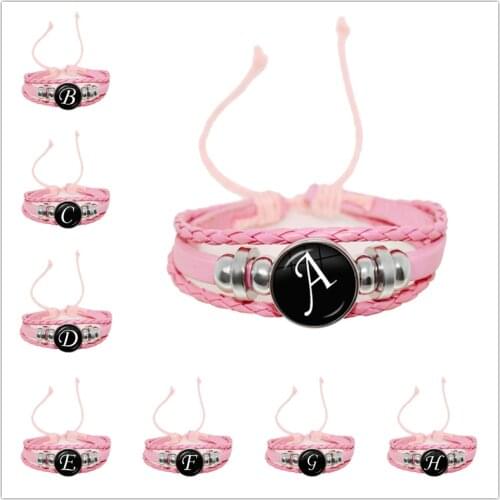26 Letter A-Z Glass Snap Metal Bead Bracelet ID Name Friendship Pink Braided Leather Bracelet Women Girl Kids Family Gift