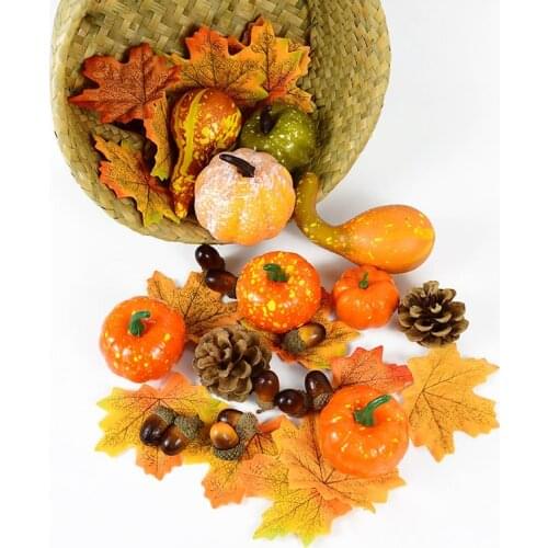 50Pcs Simulation Pumpkin Fake Vegetable Halloween Decoration For Home Decor Golden Autumn Maple Leaf Pine Cone Acorn Foam Crafts