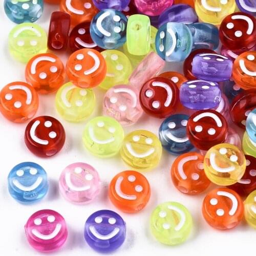 500g/Pack Transparent Acrylic Beads Flat Round with White Smiling Face for Jewelry Making DIY Bracelet 10mm in Diameter Hole 2mm
