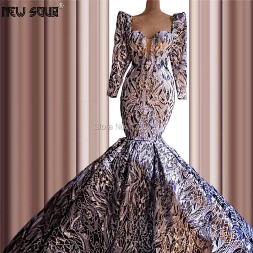 Glitter Mermaid Evening Dresses V Neck Formal Islamic Turkish Women Long Sleeves Middle East Party Gown Kaftans Prom Dress 2020