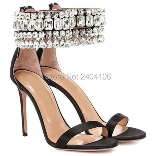 Shooegle Brand Fashion Women Sandalias Bling Bling Shoes Summer Ankle Strap Crystal Stiletto High Heels Black Satin Gem Sandals
