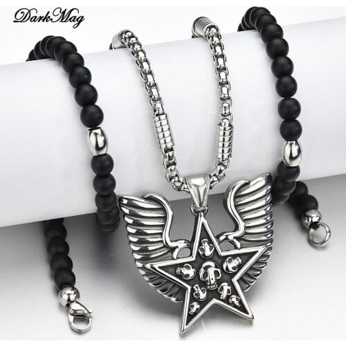 DarkMag 316L stainless steel Punk Devil Skull Mens Pendant black beads Necklace Unique Design Wing Skull High Quality Jewelry