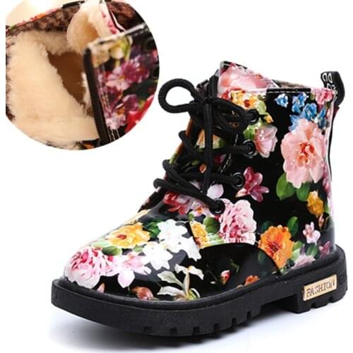 Children shoes autumn girls boots boys winter boots PU leather waterproof baby warm boots flower printed kids martin boots