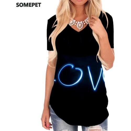 SOMEPET Love T-shirt women Painting V-neck Tshirt Creativity Funny T shirts Art Tshirts Printed Womens Clothing Fashion Loose