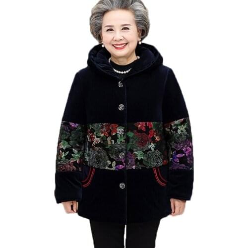 60-70 -80 Years Middle-aged and Elderly Womens Cotton Coat Winter print Casual Jacket Keep warm Overcoat Parkas Large Size 5XL