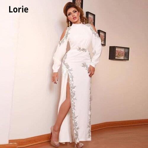 Lorie Long Sleeve White Evening Dresses Mermaid Arabic Formal Gowns 2020 Satin Beading Prom Dresses with High Split Custom made