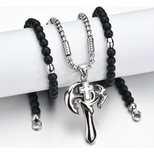 316L Stainless Steel Cross Sword Pendant Necklace Black Beads Chain Necklace Punk Rock Male Jewelry