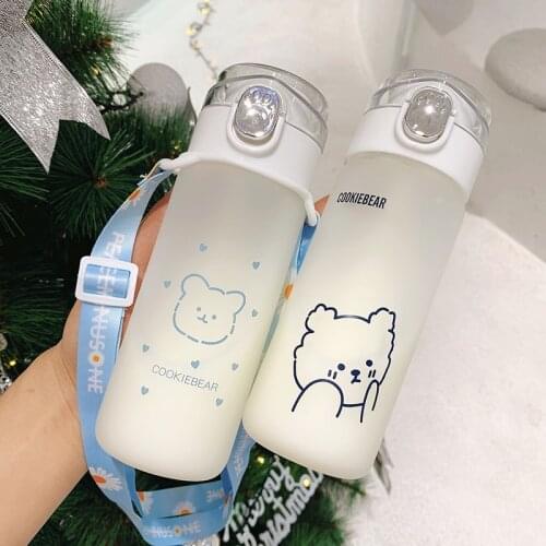 New Cartoon Cute Frosted Glass Water Bottle For Girls Student Kids Drinking Water Cup Portable Bullet Cover With Scale Cups