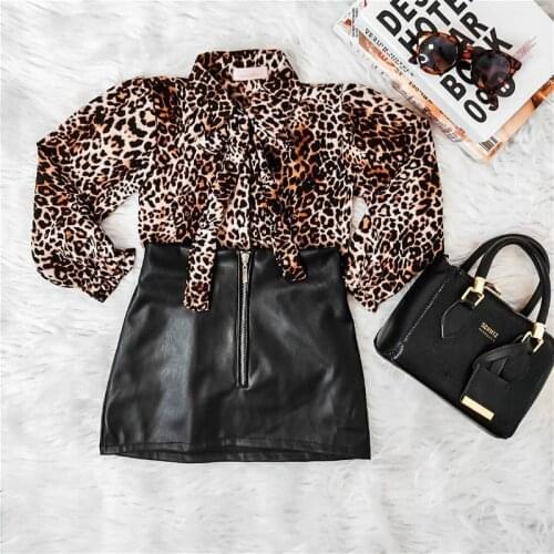 2021 New Kids Girls Clothes Sets Fashion Leopard Long Sleeve Bow Collar Shirt and Leather Mini Skirts Summer Autumn Kids Outfit
