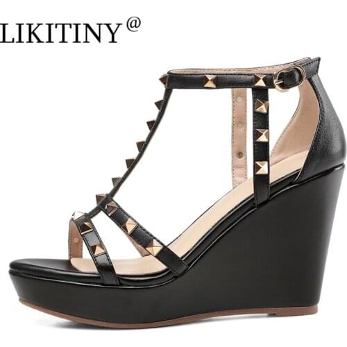 NEW LIKITINY 2021 Summer Rivet Sandals Womens shoes Genuine leather Bohemia Buckles strap Wedges White Peep toe Ladies shoes