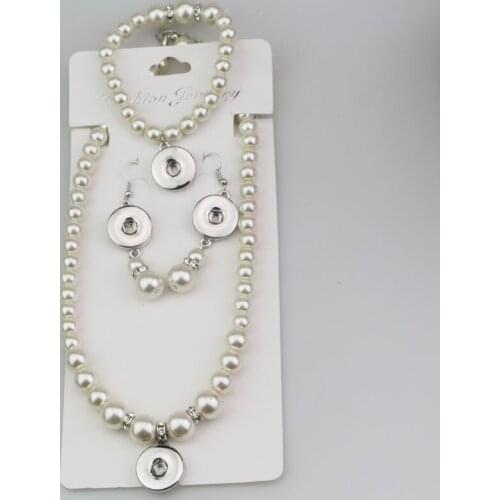 New Elegant Pearl Jewelry Sets 18mm Snap Button Choker Necklace Earrings Bracelet Crystal Wedding Bridal Jewelry Sets