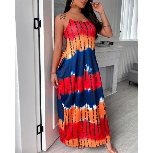 Ninimour Womens Plus Size Tie Dye Print Spaghetti Strap Maxi Dress 2021 Femme Strap Loose Black Women Robe Lady Casual Outfits