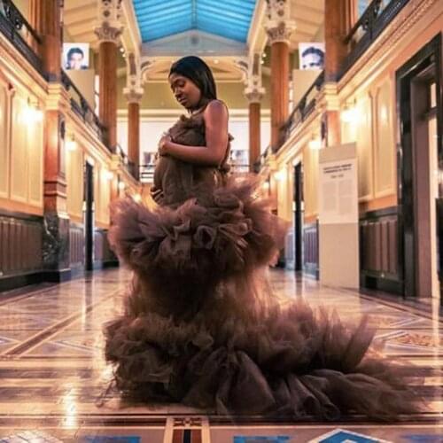 Latest Aso Ebi African Long Mermaid Tulle Maternity Dresses Modest Brown Ruffles Tiered Long Prom Gowns Women Dresses Party