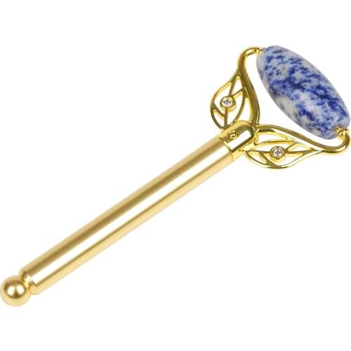 Rose Quartz or Blue Point Stone Jade Roller Massager With the Leaves Frame