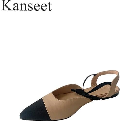 Kanseet Women Genuine Leather Shoes Butterfly-Knot Decoration Patchwork Sandals 2021 Summer Party Dress Low Heels Shoes Woman