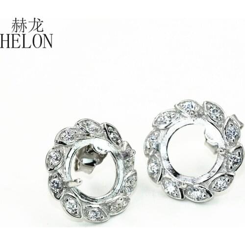 HELON 925 Sterling Silver Stud Earrings Women CZ 8x8mm Round Cabochon Semi Mount Earrings Fine Jewelry Wholesale