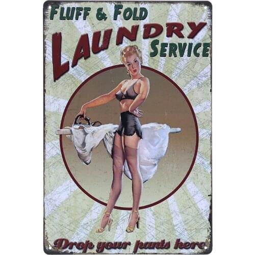 Fluff & Fold Laundry Service Sexy Girl Metal Tin Sign Vintage Home Decor For Bar Shop Wall Art Decorative Plaques YN111
