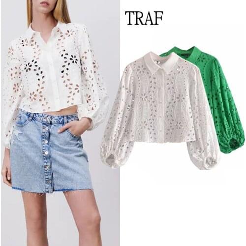 TRAF Top Women 2021 Hollow Embroidery White Womens Shirt Fashion Long Sleeve Womens Clothing Elegant Green Blouses And Shirts