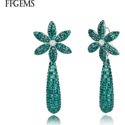 FFGems New Design 925 Silver drop big Earring Created Nano Emerald Fine Jewelry For Women Lady Engagement Wedding Party Gift Box