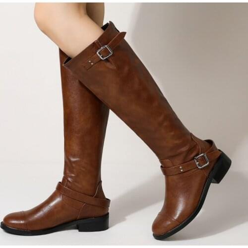 2021 Autumn Winter Retro Motorcycle Boots Comfort Low Heel Women Knee High Boots Fashion Zipper Round Toe Shoes Woman Plus Size