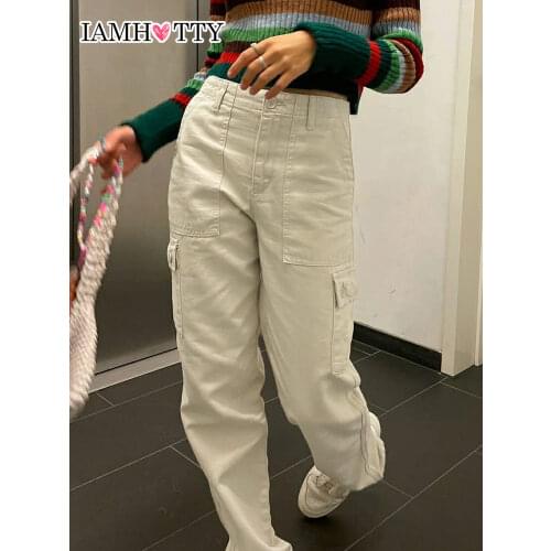 Khaki Side Big Pockets Wide Leg Straight Jeans Women Solid Casual Oversized Baggy Denim Pants Mom Street Cargo Pants Iamhotty