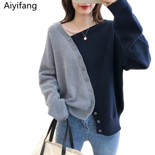 Irregular Oblique Button Knitted Pullover Tops Autumn Womens Vintage Long-Sleeved Hit Color Patchwork Knitwear Loose Sweaters
