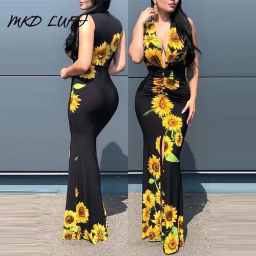 Women Plunge Sunflower Print Slit Maxi Dress