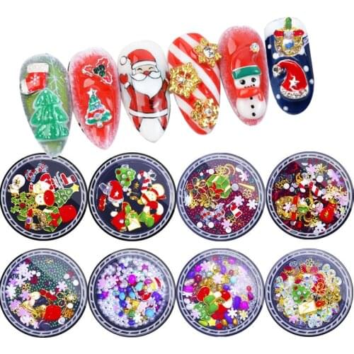 1Jar Nail Art Christmas Alloy Rhinestone Rivets Pearl Caviar Set DIY Christmas Series Snowflake Tree Mixed Nail Rhinestones Set