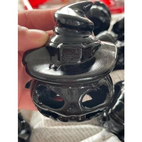 1pcs Natural Obsidian Carved Witch Hollow Out Pumpkin Figurine Healing Crystal Home Decor Fengshui Luck Halloween Gift