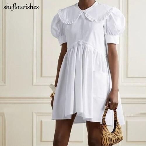 2021 Kawaii dress women short sleeve dresses loose peter pan collar dress korean ruffle mini dresses white cotton dress pockets