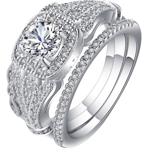 Fashion ring set 3pc shiny charm birthstone zircon jewelry silver filled band size 6-10 wedding finger ring for female wholesale