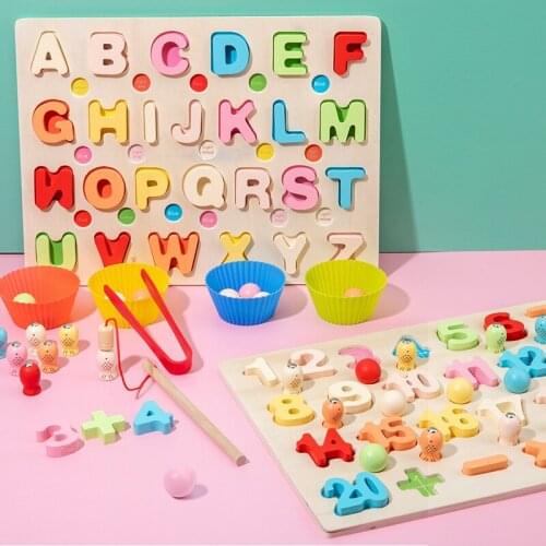 3 in 1 Number Letter Cognitive Board Fishing Grasping Children Early Education Cognitive Wooden Math English Toys Gift