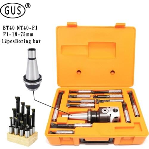 Free shipping NT40 BT40 F1 adapter CNC milling machine boring cutter+12 pcs 18mm boring bars+F1-18 75mm 3 inches boring head set