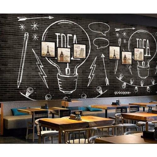 Beibehang Large custom wallpaper European and American fashion black brick wall lamp bar coffee shop backdrop decoration