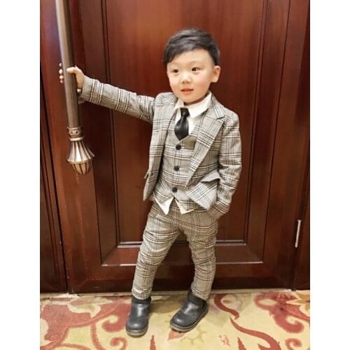 Lattice Kids Blazer Baby Boys Suit Jackets 2018 Formal Coat+ Pants+vest 3Piece Boy Suits Formal For Wedding Chlidren Clothing
