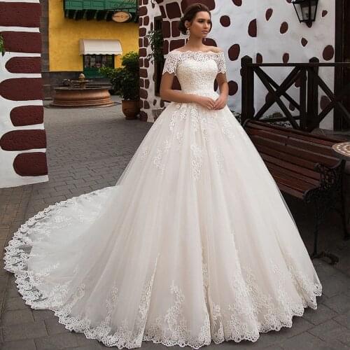 Short Sleeves Scoop Neck Lace Appliques Princess Lace A Line Wedding Dresses 2020 For Women White Bridal Gowns Robe De Mariee