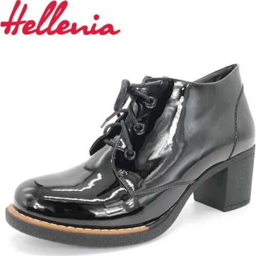 Hellenia Ladies shoes Women boots Pump Ankle Pump Round Toe Lace-Up Autumn ShoeLaces up Fleeces PU Leather Pumps waterproof