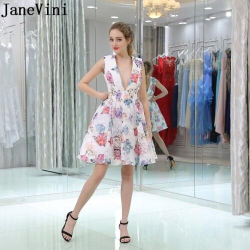 JaneVini 2019 Elegant Graduation Homecoming Dresses Deep V-Neck Floral White Women Flowers Print A Line Special Occasion Dress