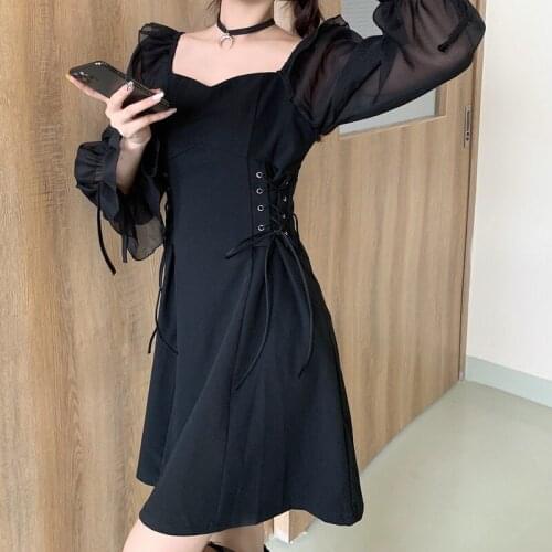 Korean Solid Sweet Dress Women Elegant Bandage Puff Sleeve Kawaii Dress Female Outdoor Holiday One-piece Dress Summer 2021 New