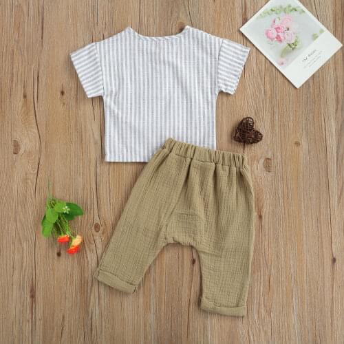 Summer Casual Kids Baby Boy Cotton Linen Outfits Striped Short Sleeves T-shirts+Lace-up Shorts 2Pieces Baby Boy Sets 0-3Y