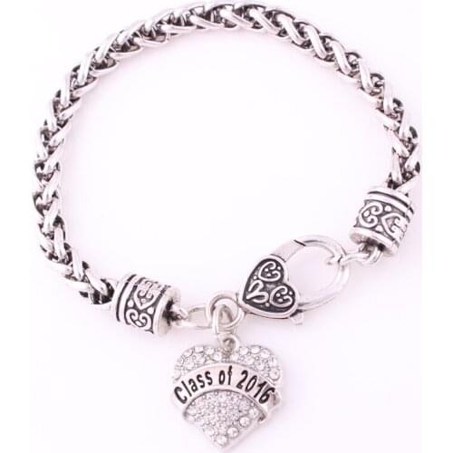Hot Selling rhodium plated studded with sparkling crystal Class of 2016 charm bracelet Lobster-claw-clasps