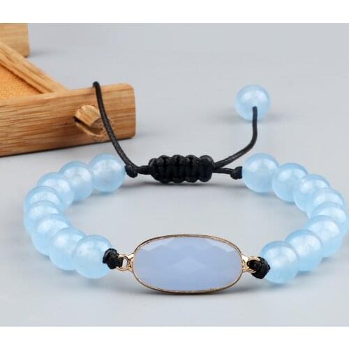 Fashion 6 8MM Blue Chalcedony Bead Bracelet Oval Drop Type Semi-Precious Pendant Braided Bracelet Couple Adjustable Jewelry Gift