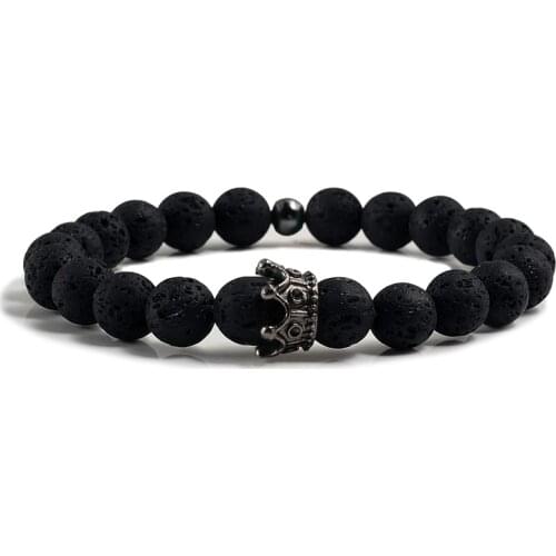 Fashion His And Her Crown Bracelet Volcanic Lava Stone Hematite Turquoises White Porcelain Matte Copper beads Black Bracelet Men