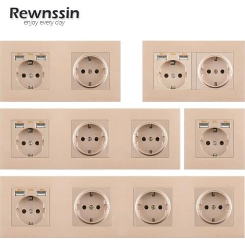2.1A USB Plug EU Standard 110V-250V Wall Power Socket Singel Double Triple Quadruple Electricity Outlet Golden Plastic Panel
