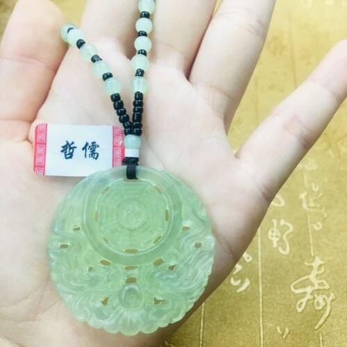 Pure natural A Hetian jade light green hollow dragon and phoenix pendant green jade bead necklace delicate couple gift