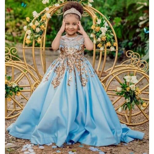 Princess Flower Girls Dresses Jewel Neck Ball Gowns Sequins Applique Beaded Pageant Dress for Girls Satin Kids Birthday Gowns