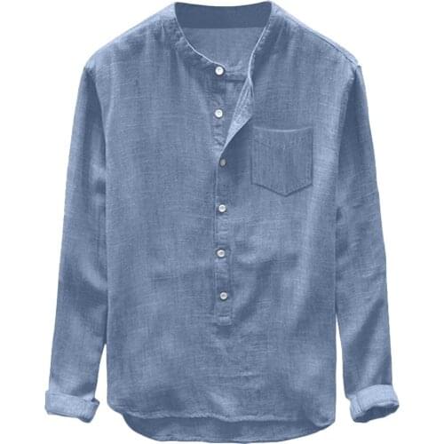 Summer Casual Baggy Long Sleeve Shirts Men Leisure Solid Summer Autumn Button Breathable Linen and Cotton Top Blouse