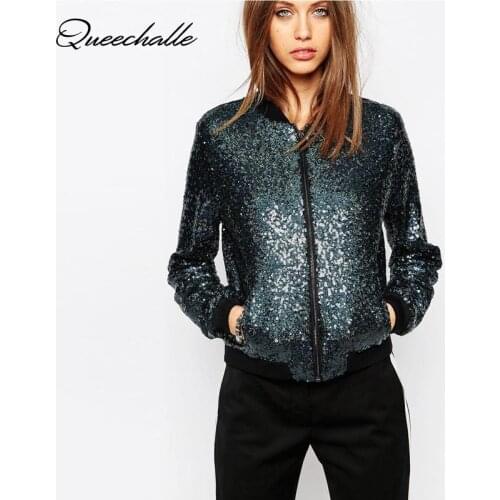 S - XXL Casual Coats Zip Up Basic Sequin Jacket Womens 2020 Spring Autumn Highstreet Bomber Jacket Coat Women Feminino Outwear