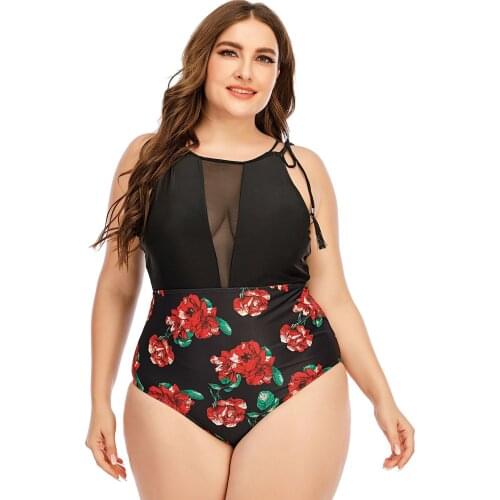 Mesh Splicing Printing Contrast Color One-piece Large Size Conservative Female Swimsuit